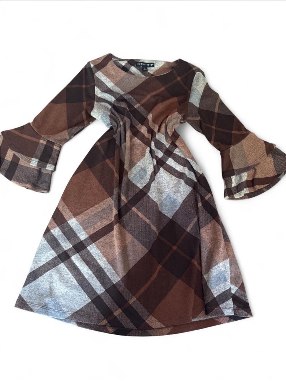 madison leigh Brown Plaid Bell Sleeve Dress